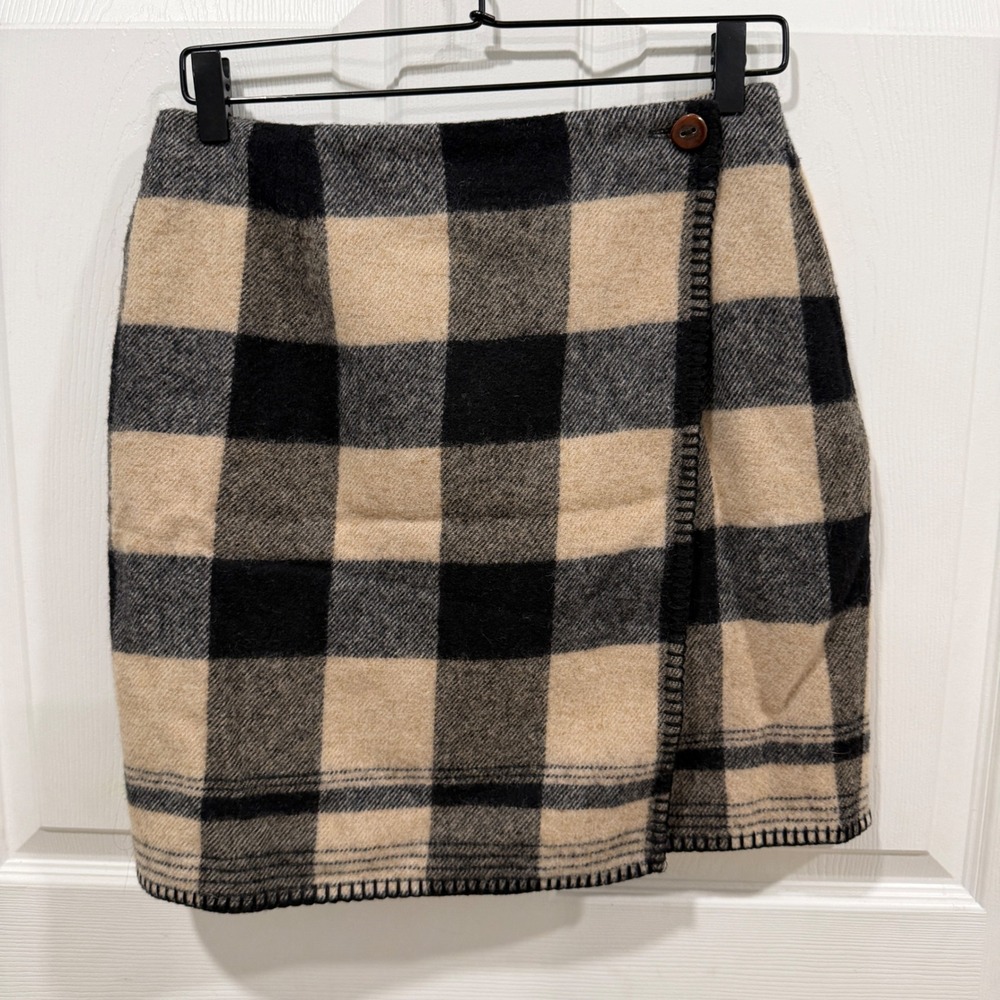Ralph Lauren Country Vintage 100% Wool Buffalo Plaid Wrap Skirt Tan Black 10
